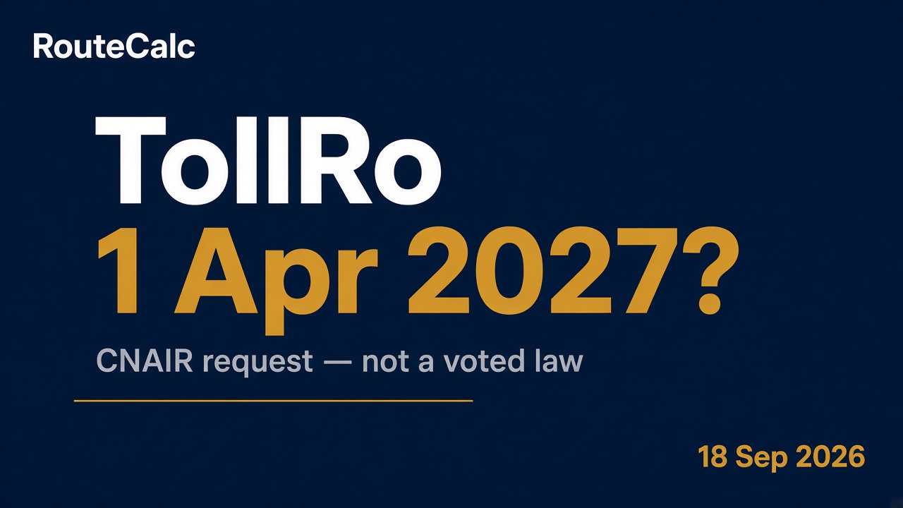 Odroczenie TollRo: wniosek CNAIR, 1 kwi 2027? To nie uchwalona ustawa. RouteCalc, 18 wrz 2026.